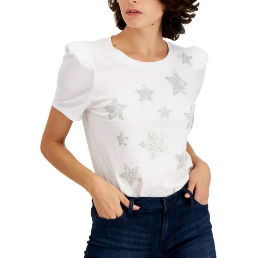 INC Womens Star-Print Puff-Sleeve Embellished T-Shirt